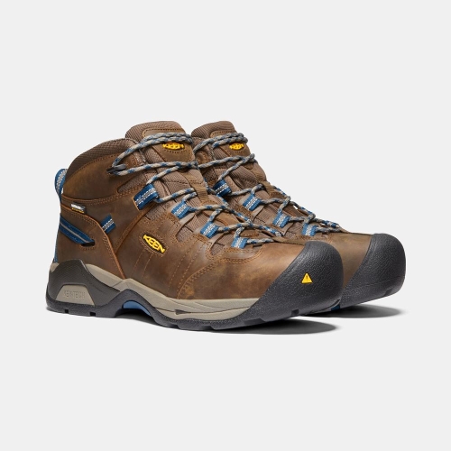 Men's Keen Detroit Xt Mid Waterproof Steel Toe Work Boots Brown Blue | FIR-819546