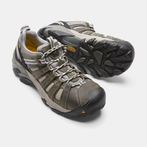 Men's Keen Flint Low Steel Toe Work Shoes Olive | TEL-294586