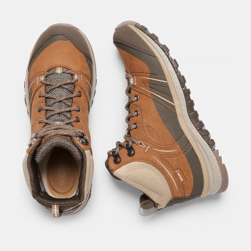 Women's Keen Terradora Leather Waterproof Mid Hiking Boots Brown Khaki | SQT-692451