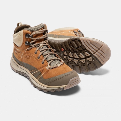 Women's Keen Terradora Leather Waterproof Mid Hiking Boots Brown Khaki | SQT-692451