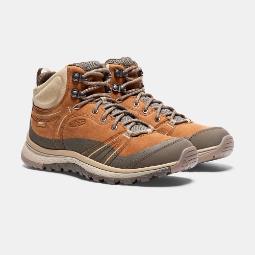 Women's Keen Terradora Leather Waterproof Mid Hiking Boots Brown Khaki | SQT-692451